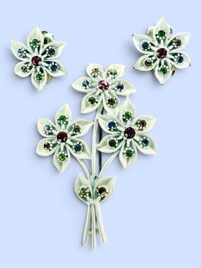 VTG Cold Enamel Metal Floral Brooch & Clip Earrings Set Multicolor Rhinestone
